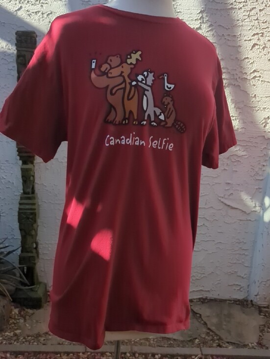 Gildan Tops - Canadian Selfie Gildan Red Graphic Tee with Playful Animal Print